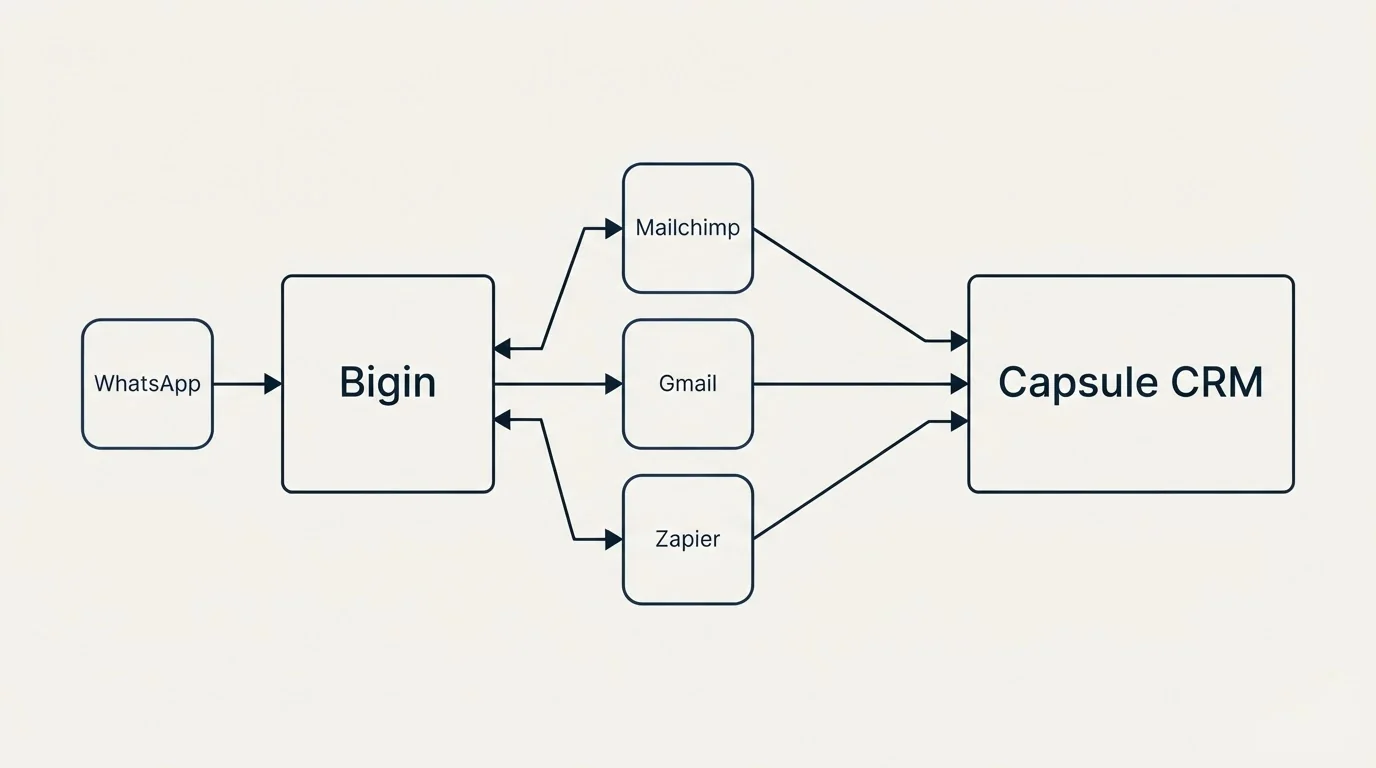 Integration schematic: Integration Ecosystem (Bigin, Capsule CRM, Mailchimp, Gmail)