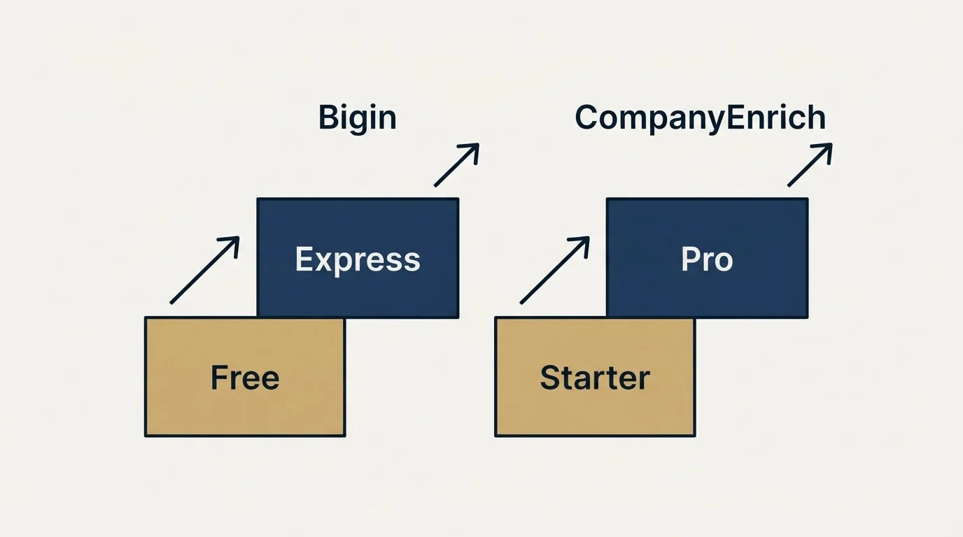 Pricing ladder: Pricing Comparison (Bigin, CompanyEnrich, Free, Starter)