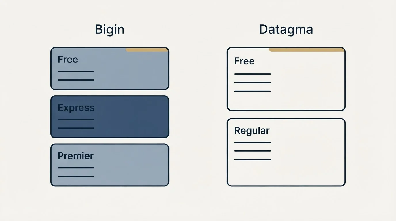 Pricing panels: Pricing Comparison (Bigin, Datagma, Free, Express)