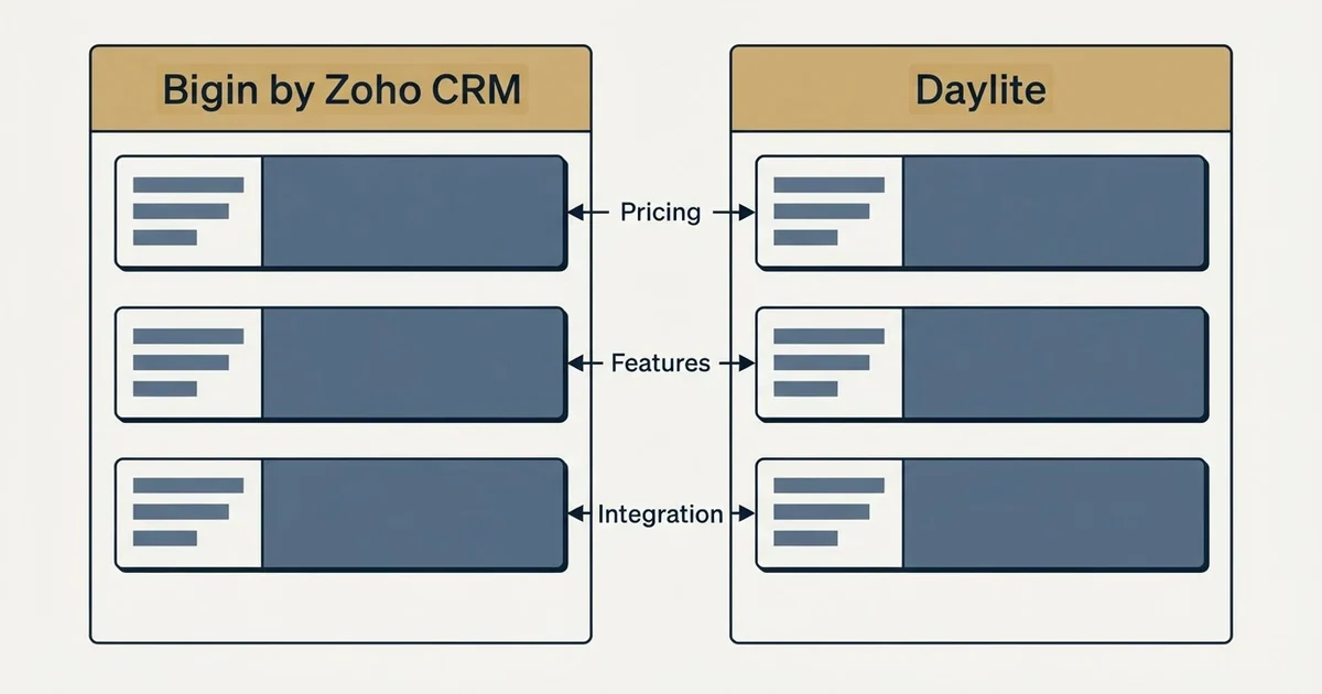 Comparison panel: Bigin by Zoho CRM vs Daylite (Pricing, Features, Integration)