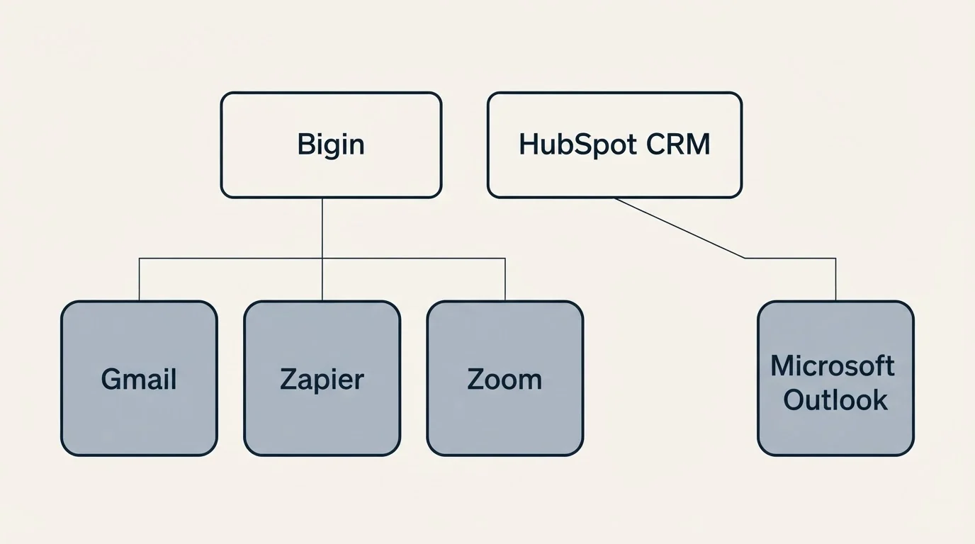 Integration grid: Integration Ecosystem (Bigin, HubSpot CRM, Gmail, Zapier)