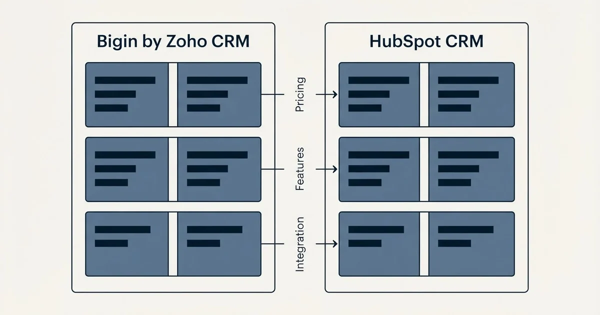 Comparison panel: Bigin by Zoho CRM vs HubSpot CRM (Pricing, Features, Integration)