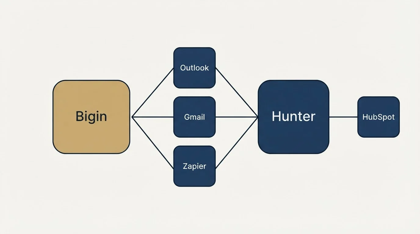 Integration schematic: Integration Ecosystem (Bigin, Hunter, Outlook, Gmail)