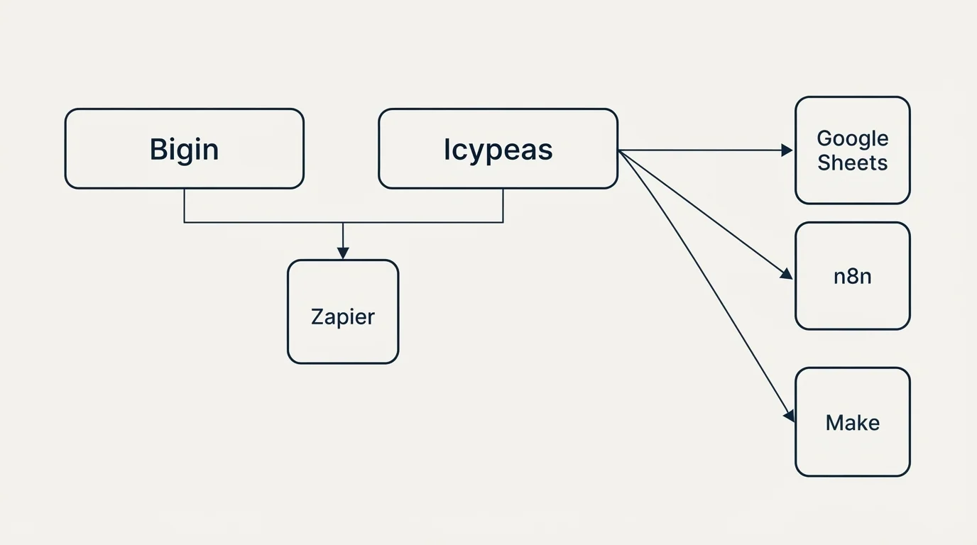 Integration grid: Integration Ecosystem (Bigin, Icypeas, Zapier, Google Sheets)
