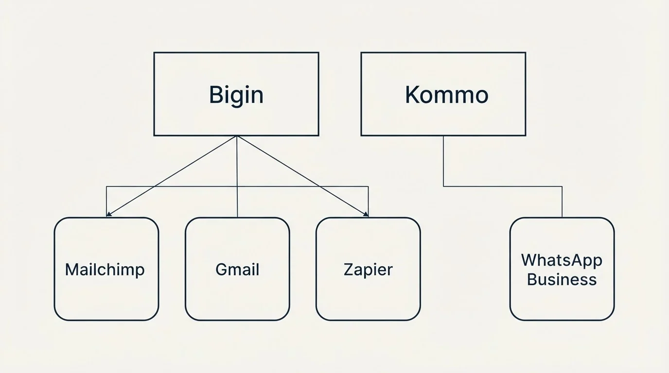 Integration grid: Integration Ecosystem (Bigin, Kommo, Mailchimp, Gmail)