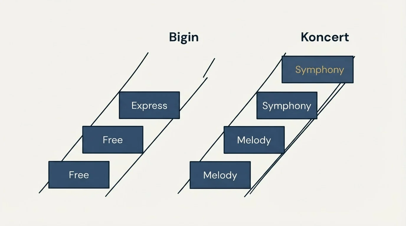 Pricing ladder: Pricing Comparison (Bigin, Koncert, Free, Melody)