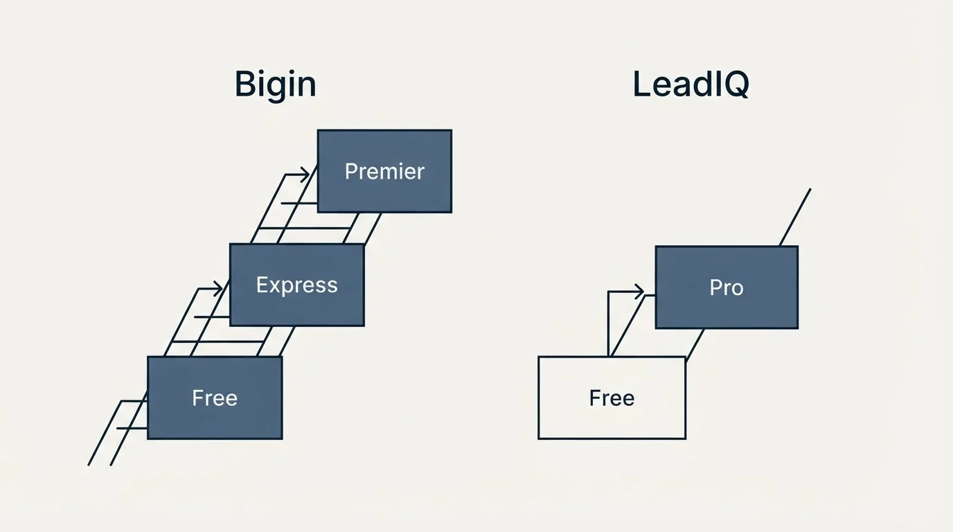 Pricing ladder: Pricing Comparison (Bigin, LeadIQ, Free, Express)