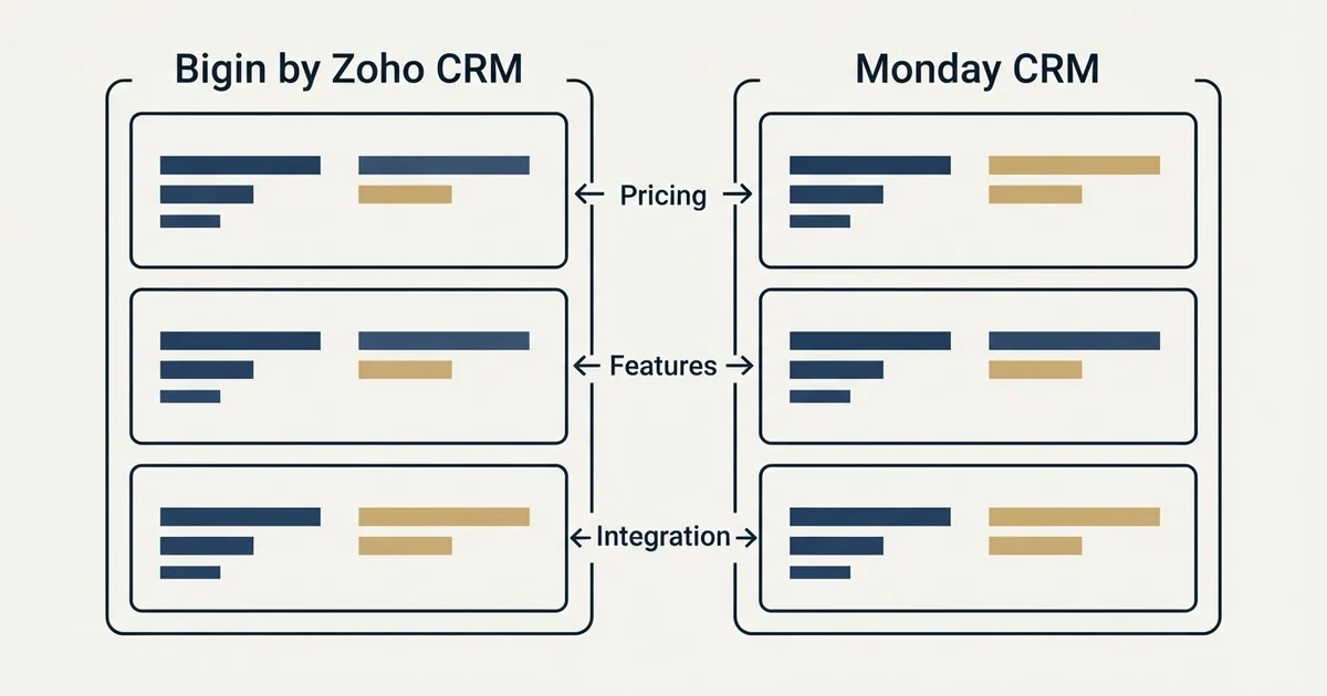 Comparison panel: Bigin by Zoho CRM vs Monday CRM (Pricing, Features, Integration)