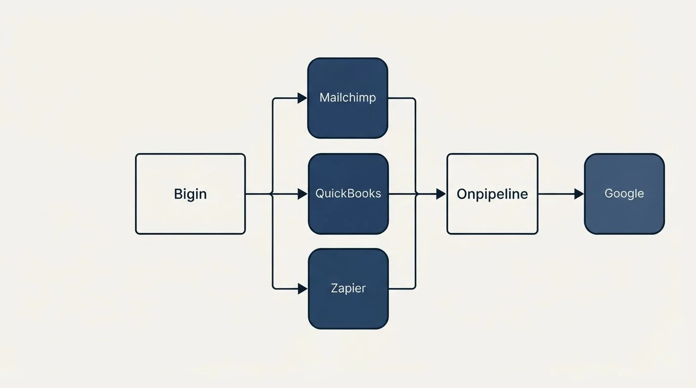 Integration flow: Integration Ecosystem (Bigin, Onpipeline, Mailchimp, QuickBooks)