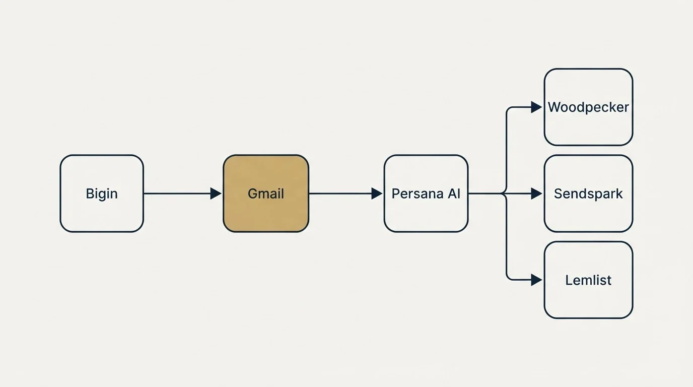 Integration flow: Integration Ecosystem (Bigin, Persana AI, Gmail, Woodpecker)