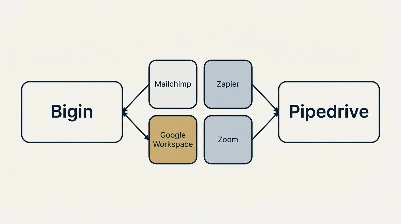 Integration schematic: Integration Ecosystem (Bigin, Pipedrive, Mailchimp, Zapier)