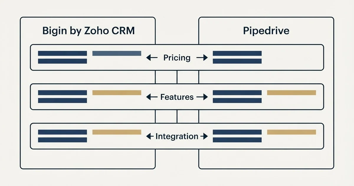 Comparison panel: Bigin by Zoho CRM vs Pipedrive (Pricing, Features, Integration)