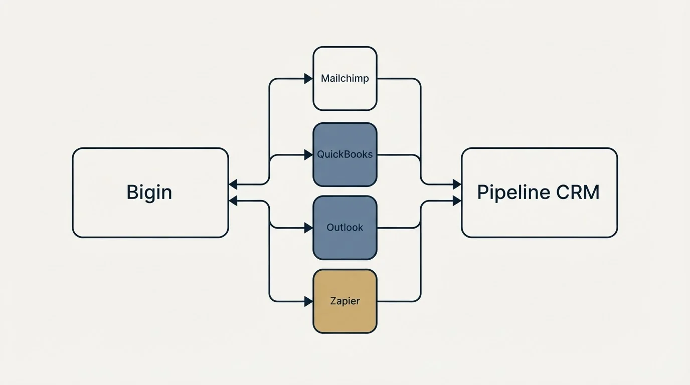 Integration schematic: Integration Ecosystem (Bigin, Pipeline CRM, Mailchimp, QuickBooks)