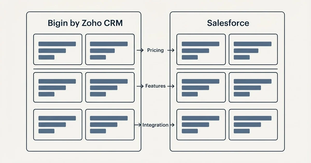 Comparison panel: Bigin by Zoho CRM vs Salesforce (Pricing, Features, Integration)