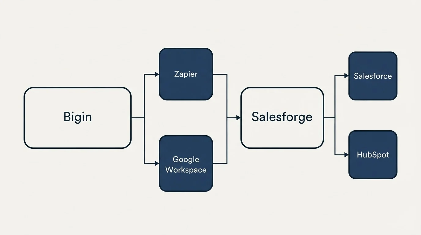 Integration flow: Integration Ecosystem (Bigin, Salesforge, Zapier, Google Workspace)