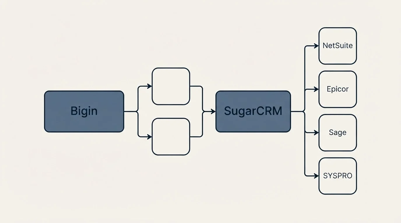 Integration schematic: Integration Ecosystem (Bigin, SugarCRM, NetSuite, Epicor)