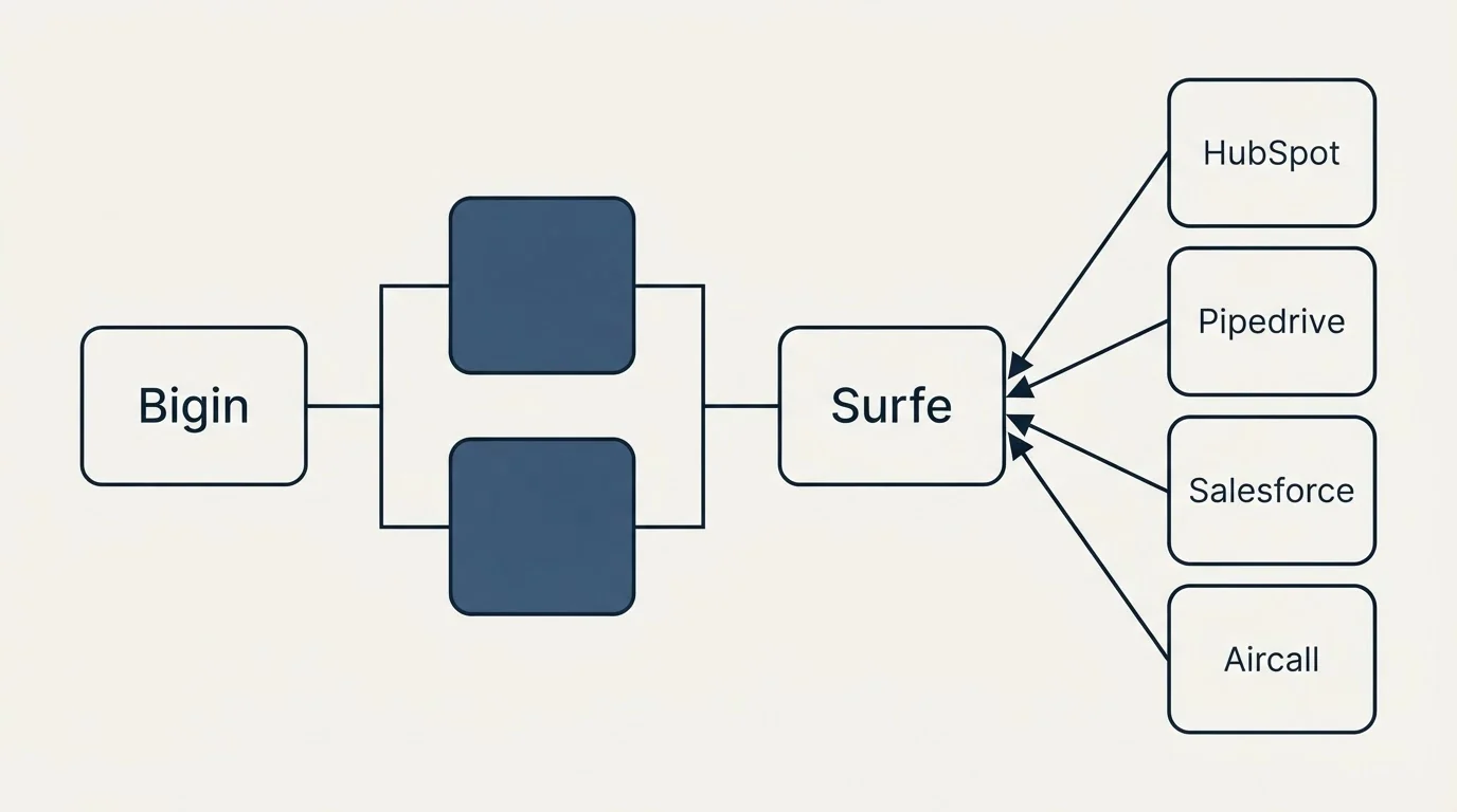 Integration flow: Integration Ecosystem (Bigin, Surfe, HubSpot, Pipedrive)