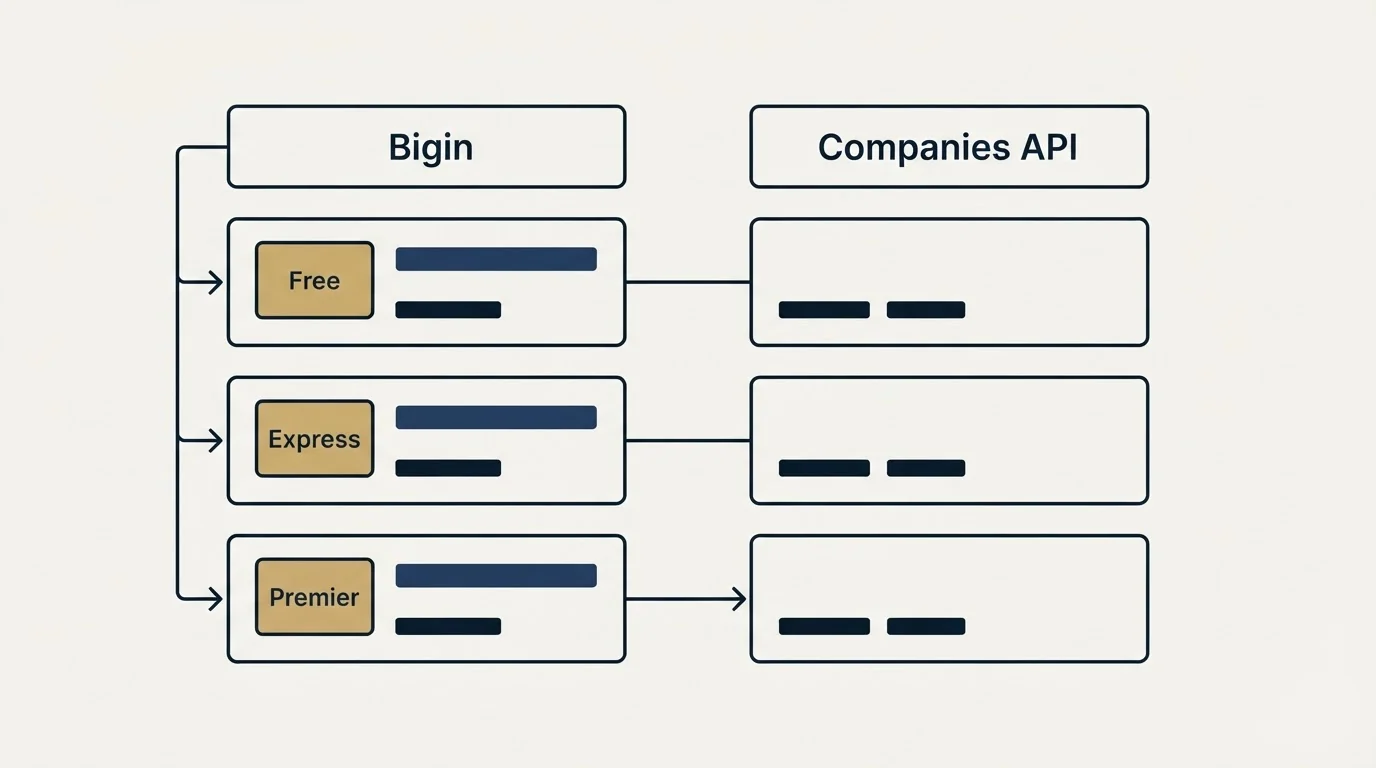 Pricing table: Pricing Comparison (Bigin, Companies API, Free, Express)