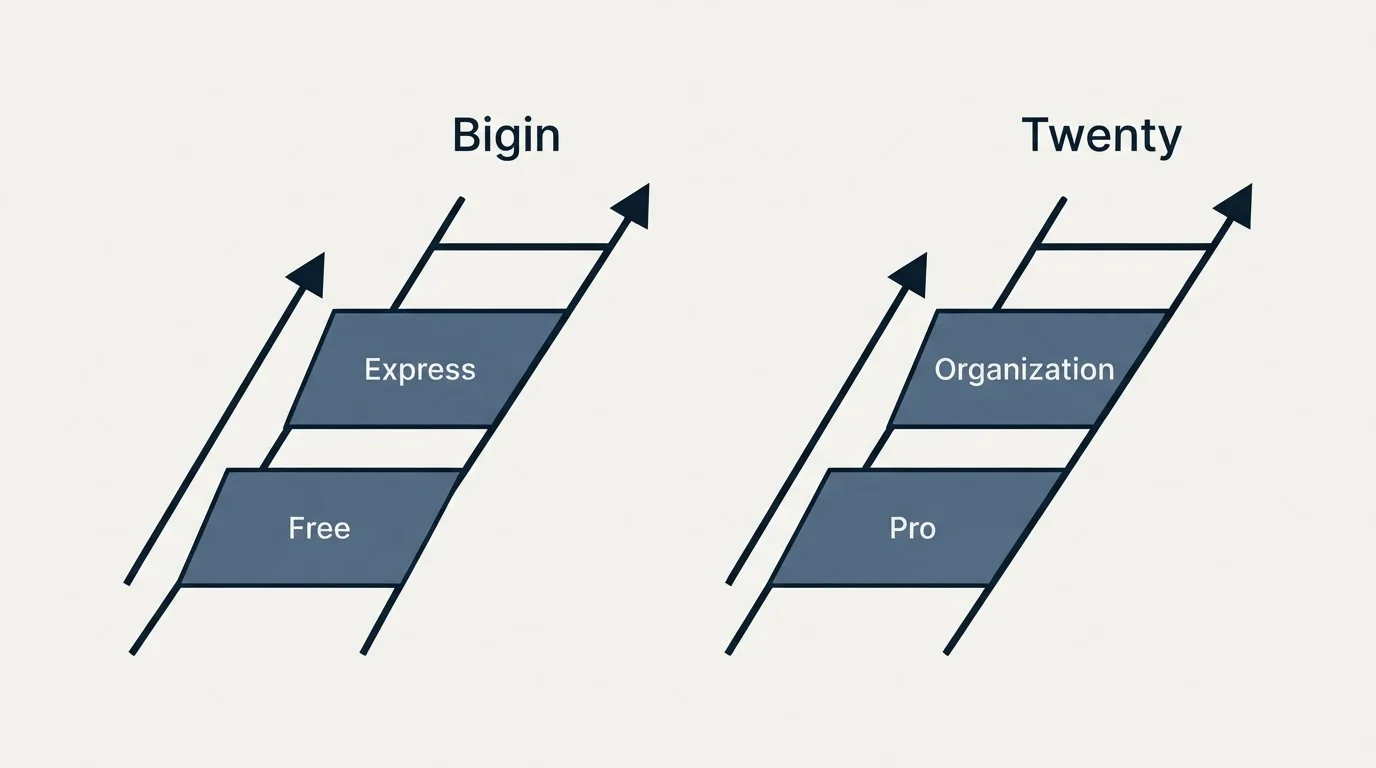 Pricing ladder: Pricing Comparison (Bigin, Twenty, Free, Pro)