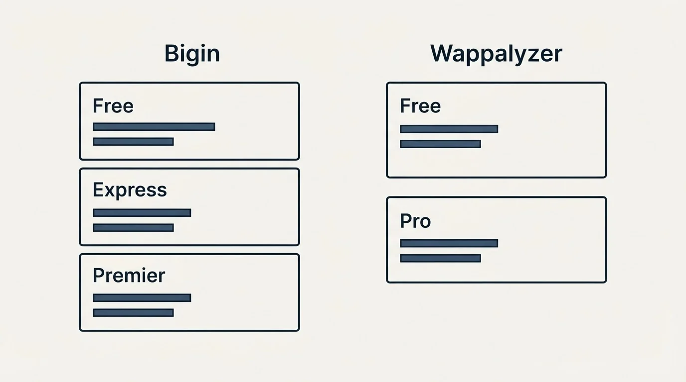 Pricing panels: Pricing Comparison (Bigin, Wappalyzer, Free, Express)