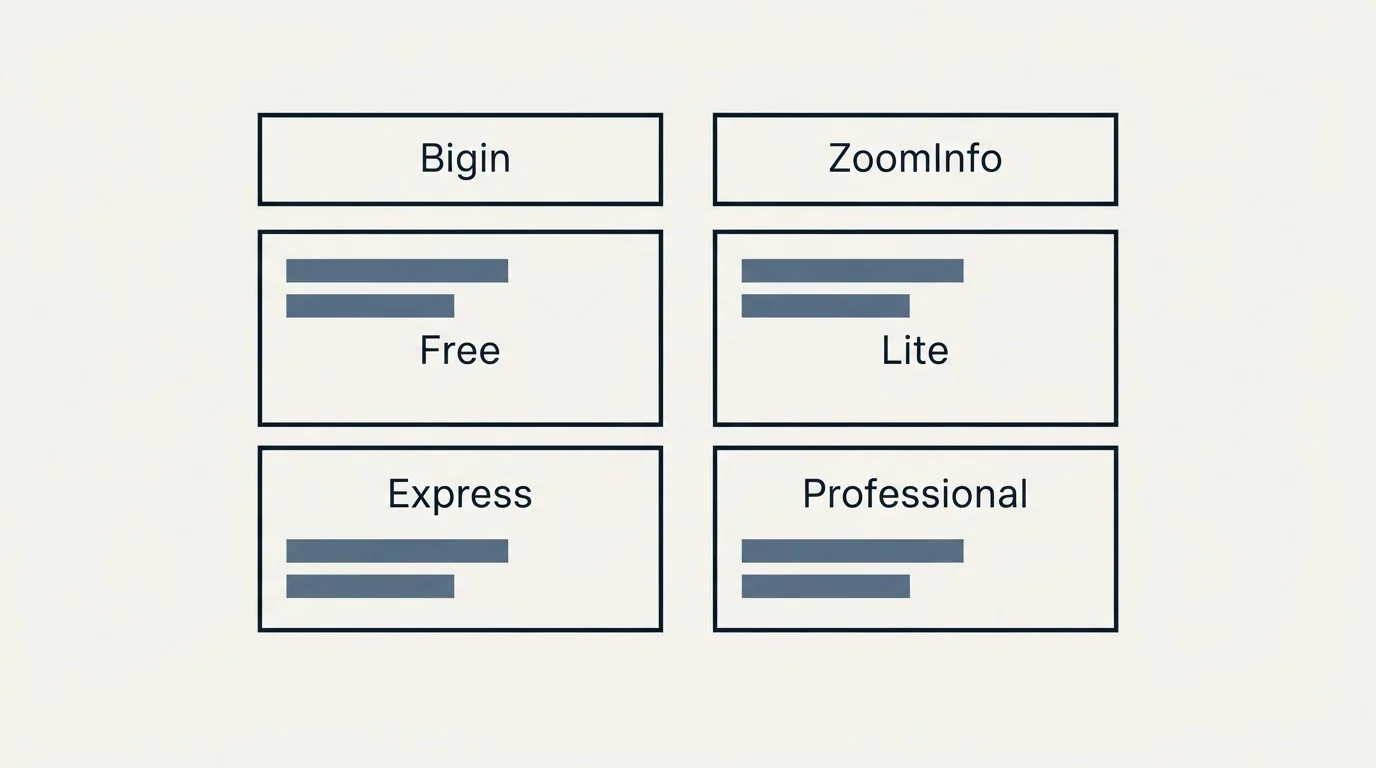 Pricing table: Pricing Comparison (Bigin, ZoomInfo, Free, Lite)
