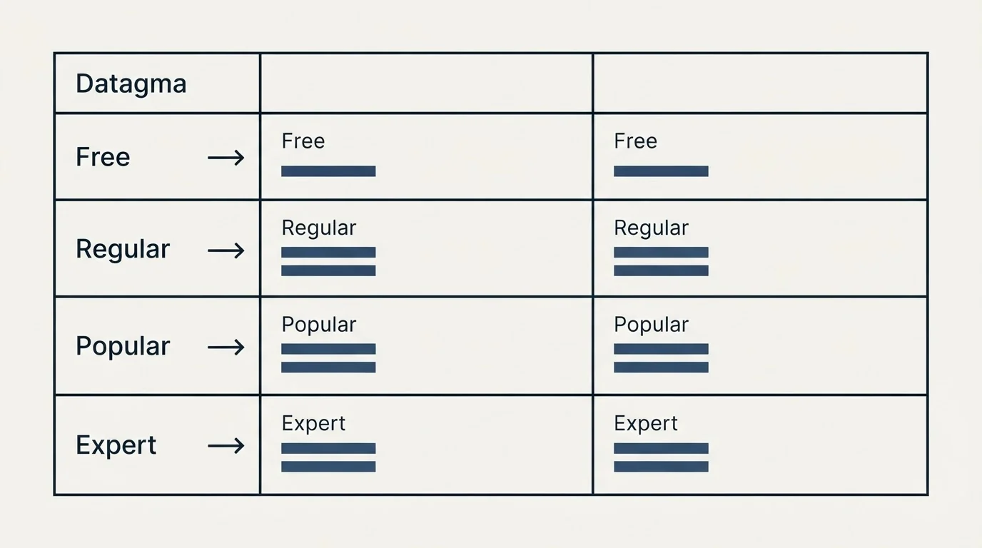 Pricing table: Pricing Comparison (Datagma, Free, Regular, Popular)