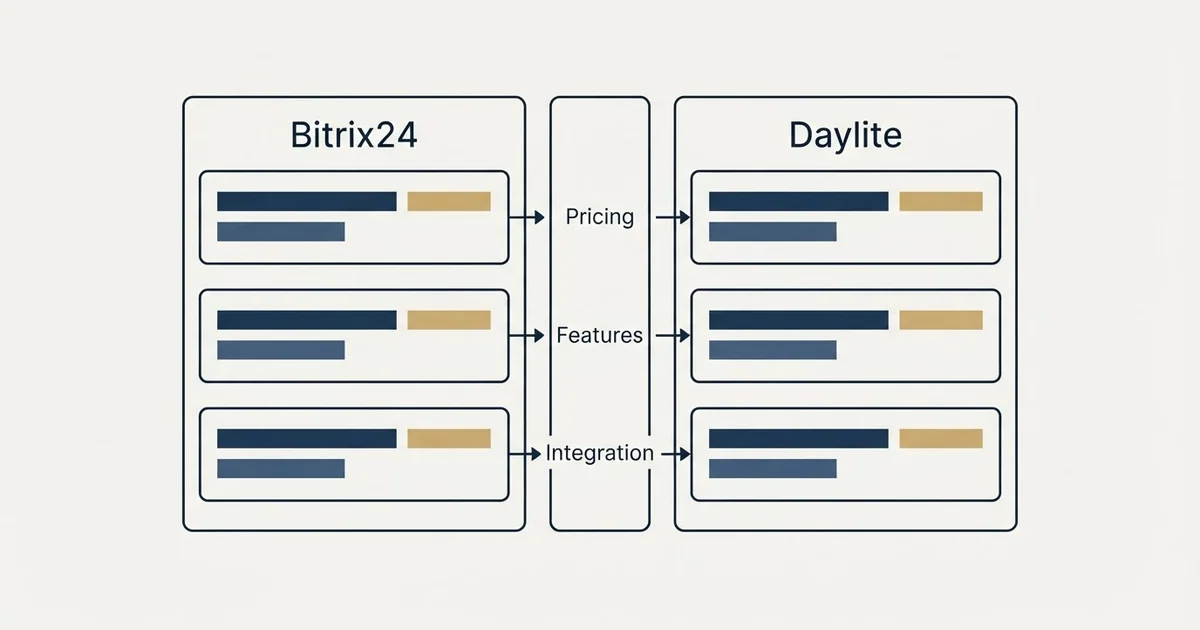 Comparison panel: Bitrix24 vs Daylite (Pricing, Features, Integration)