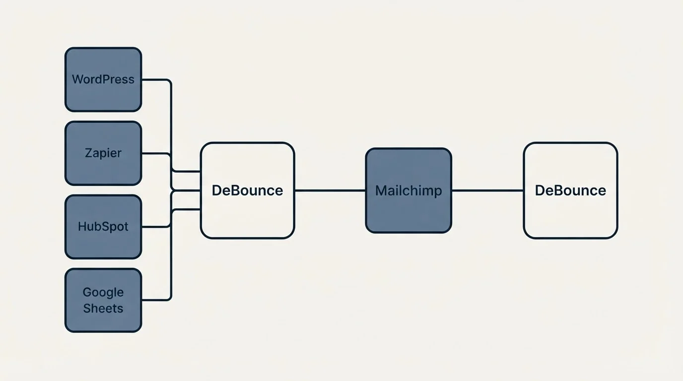 Integration schematic: Integration Ecosystem (DeBounce, Mailchimp, WordPress, Zapier)