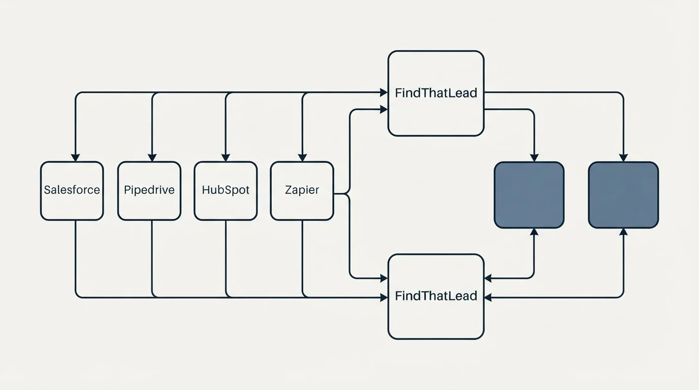 Integration schematic: Integration Ecosystem (FindThatLead, Salesforce, Pipedrive, HubSpot)
