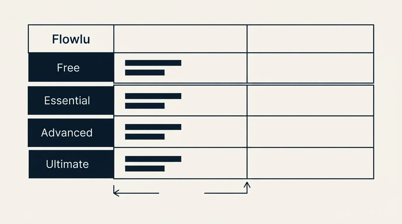 Pricing table: Pricing Comparison (Flowlu, Free, Essential, Advanced)