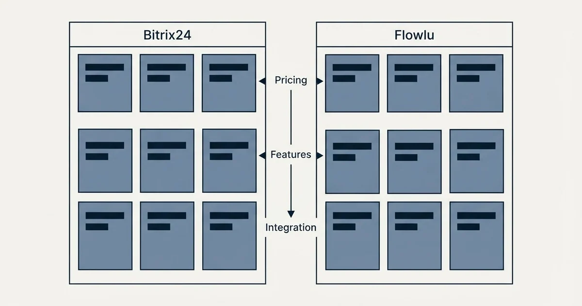 Comparison panel: Bitrix24 vs Flowlu (Pricing, Features, Integration)