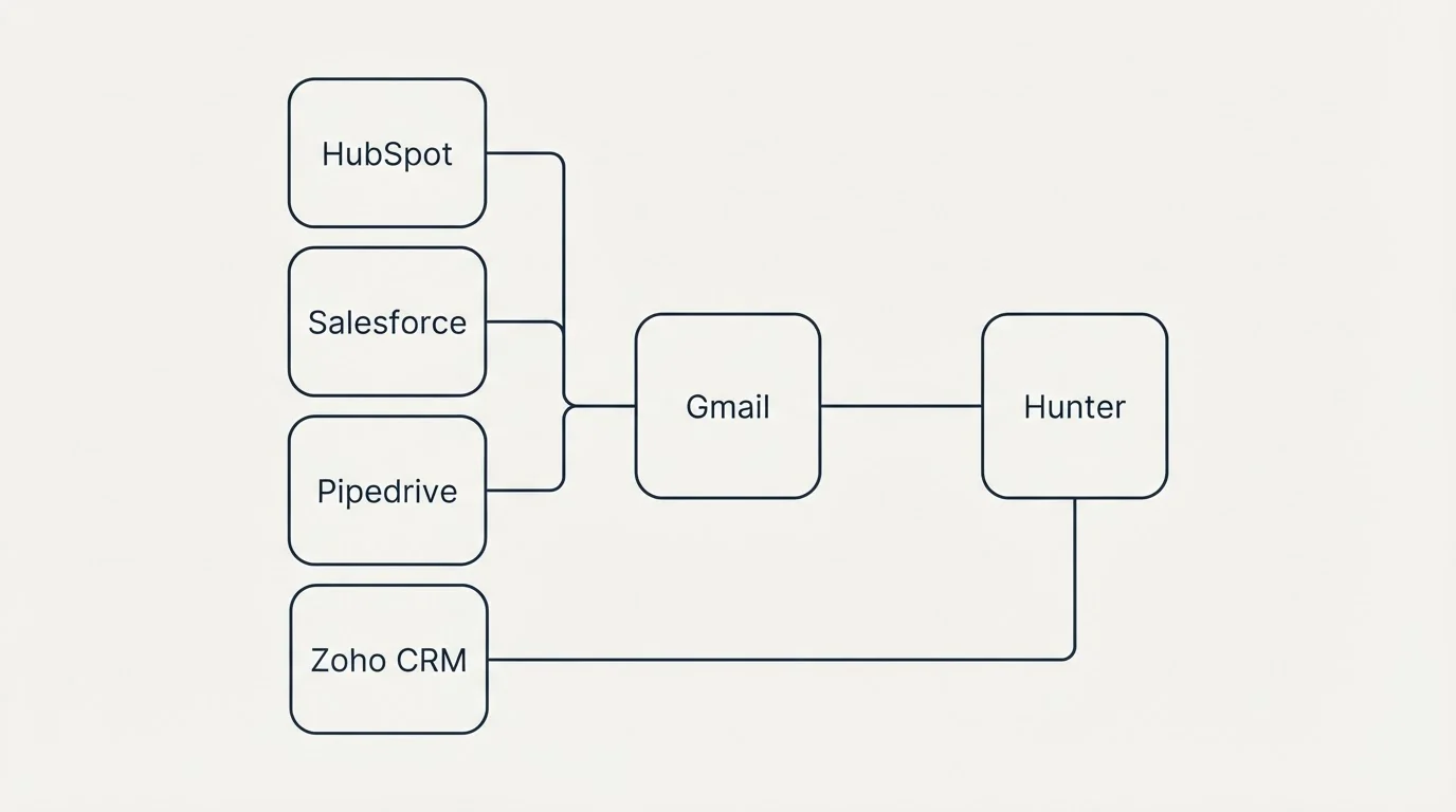 Integration schematic: Integration Ecosystem (Hunter, Gmail, HubSpot, Salesforce)