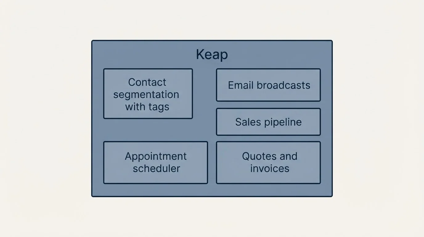 Feature grid: Features Breakdown (Keap, Contact segmentation with tags, Email broadcasts, Sales pipeline)