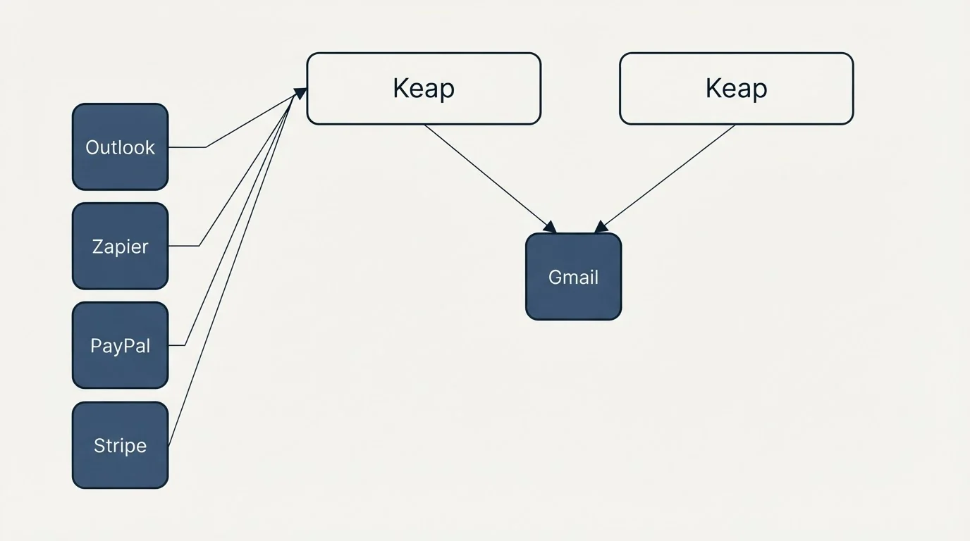Integration grid: Integration Ecosystem (Keap, Gmail, Outlook, Zapier)