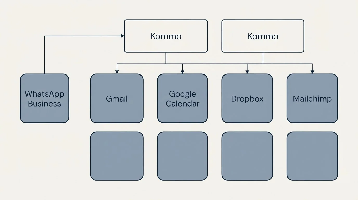 Integration grid: Integration Ecosystem (Kommo, Gmail, Google Calendar, Dropbox)