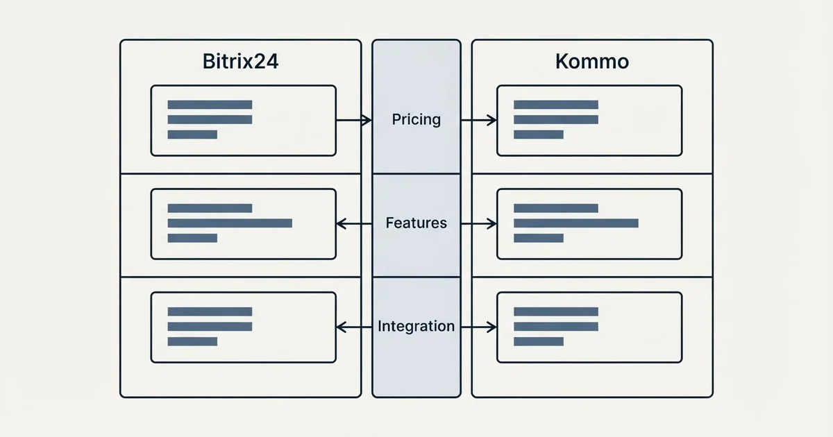 Comparison panel: Bitrix24 vs Kommo (Pricing, Features, Integration)