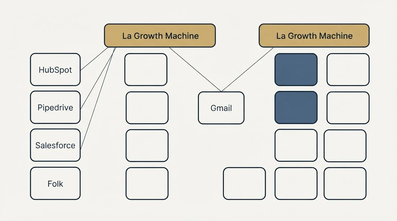 Integration grid: Integration Ecosystem (La Growth Machine, Gmail, HubSpot, Pipedrive)