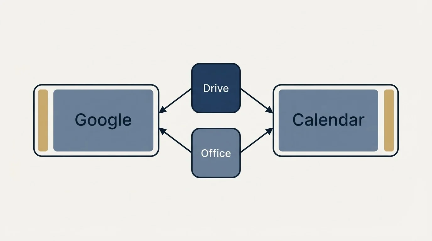 Integration schematic: Integration Ecosystem (Google, Calendar, Drive, Office)
