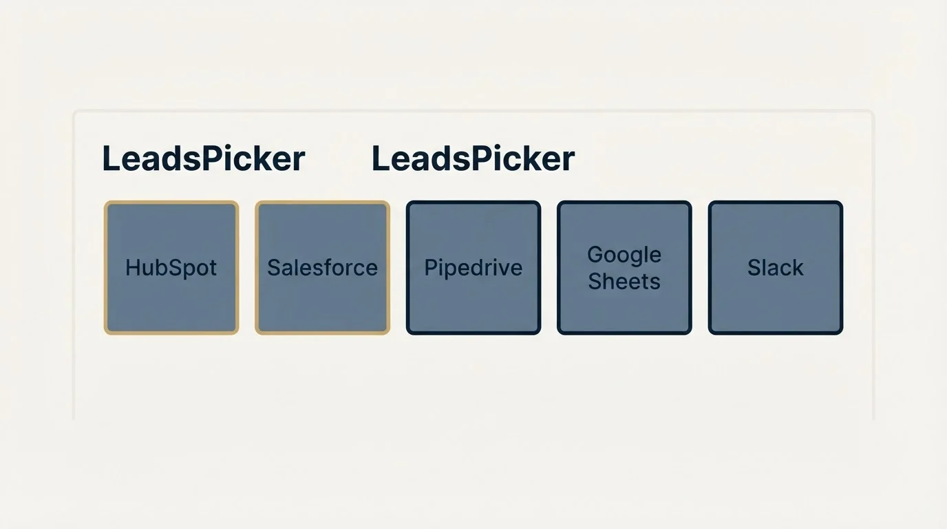Integration schematic: Integration Ecosystem (LeadsPicker, HubSpot, Salesforce, Pipedrive)
