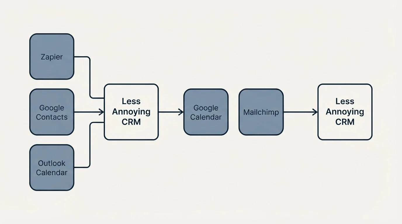 Integration schematic: Integration Ecosystem (Less Annoying CRM, Google Calendar, Mailchimp, Zapier)