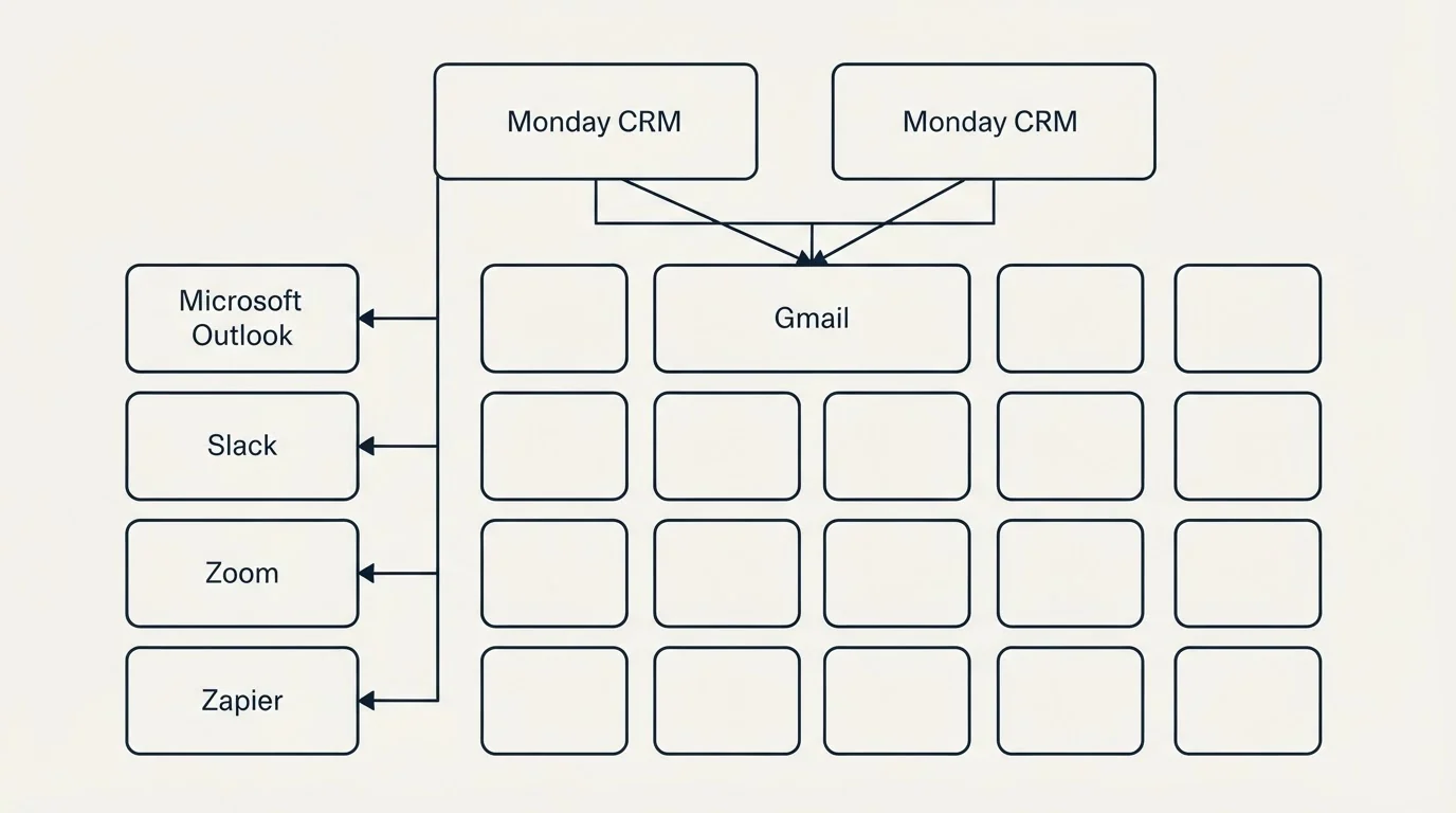 Integration grid: Integration Ecosystem (Monday CRM, Gmail, Microsoft Outlook, Slack)