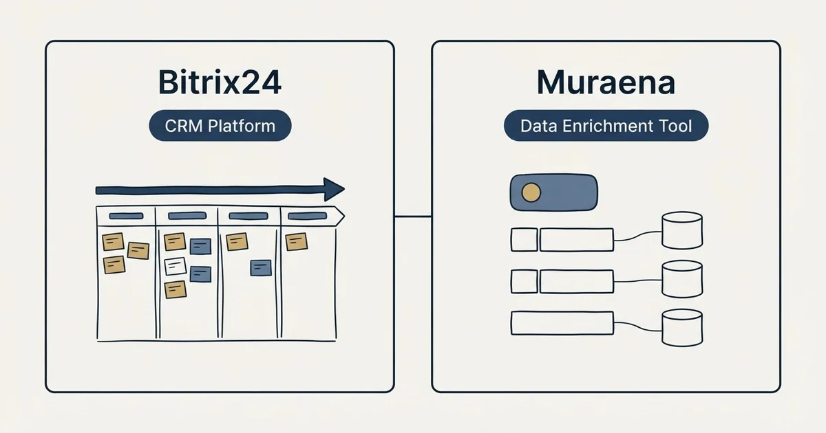 Side-by-side panels: Bitrix24 vs Muraena (CRM Platform, Data Enrichment Tool)