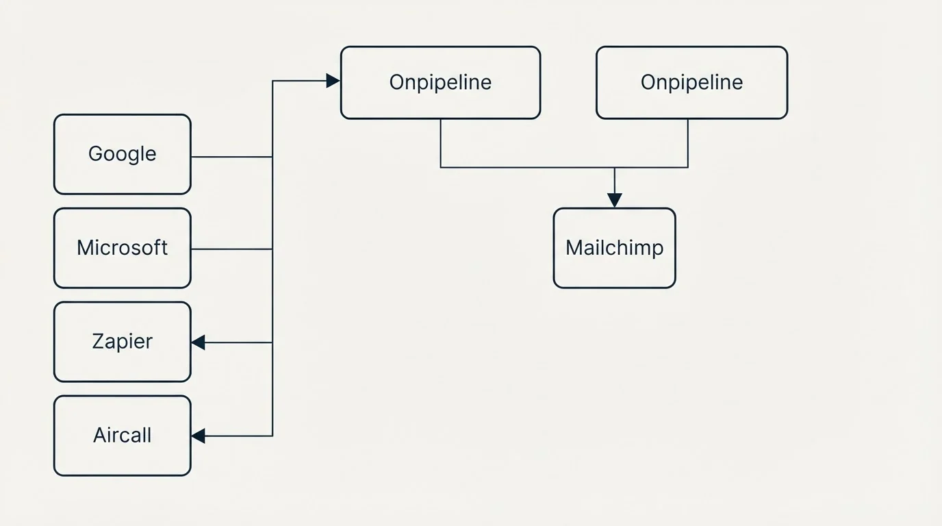 Integration grid: Integration Ecosystem (Onpipeline, Mailchimp, Google, Microsoft)