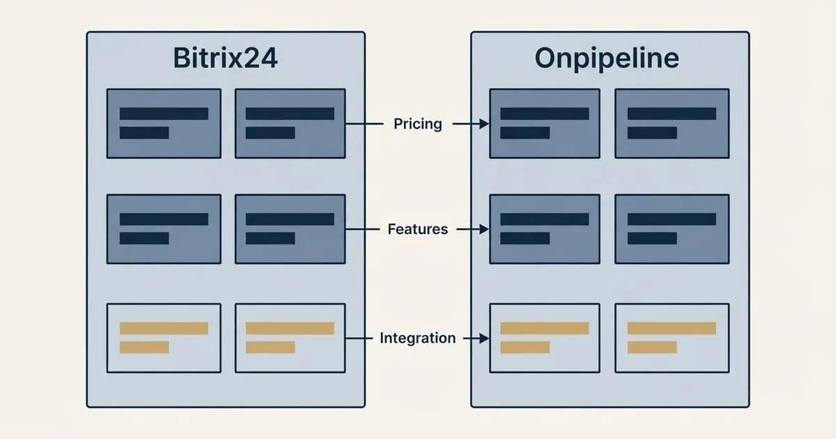 Comparison panel: Bitrix24 vs Onpipeline (Pricing, Features, Integration)