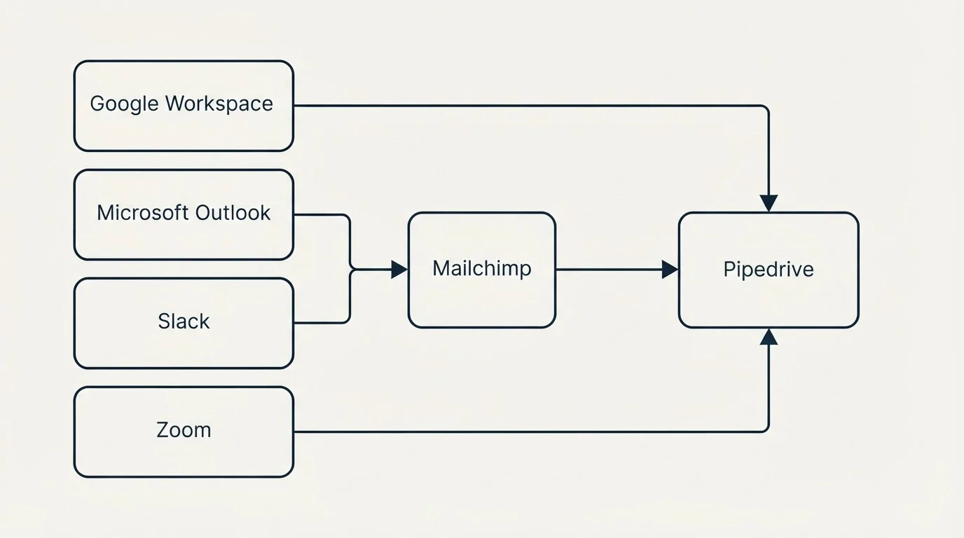 Integration schematic: Integration Ecosystem (Pipedrive, Mailchimp, Google Workspace, Microsoft Outlook)