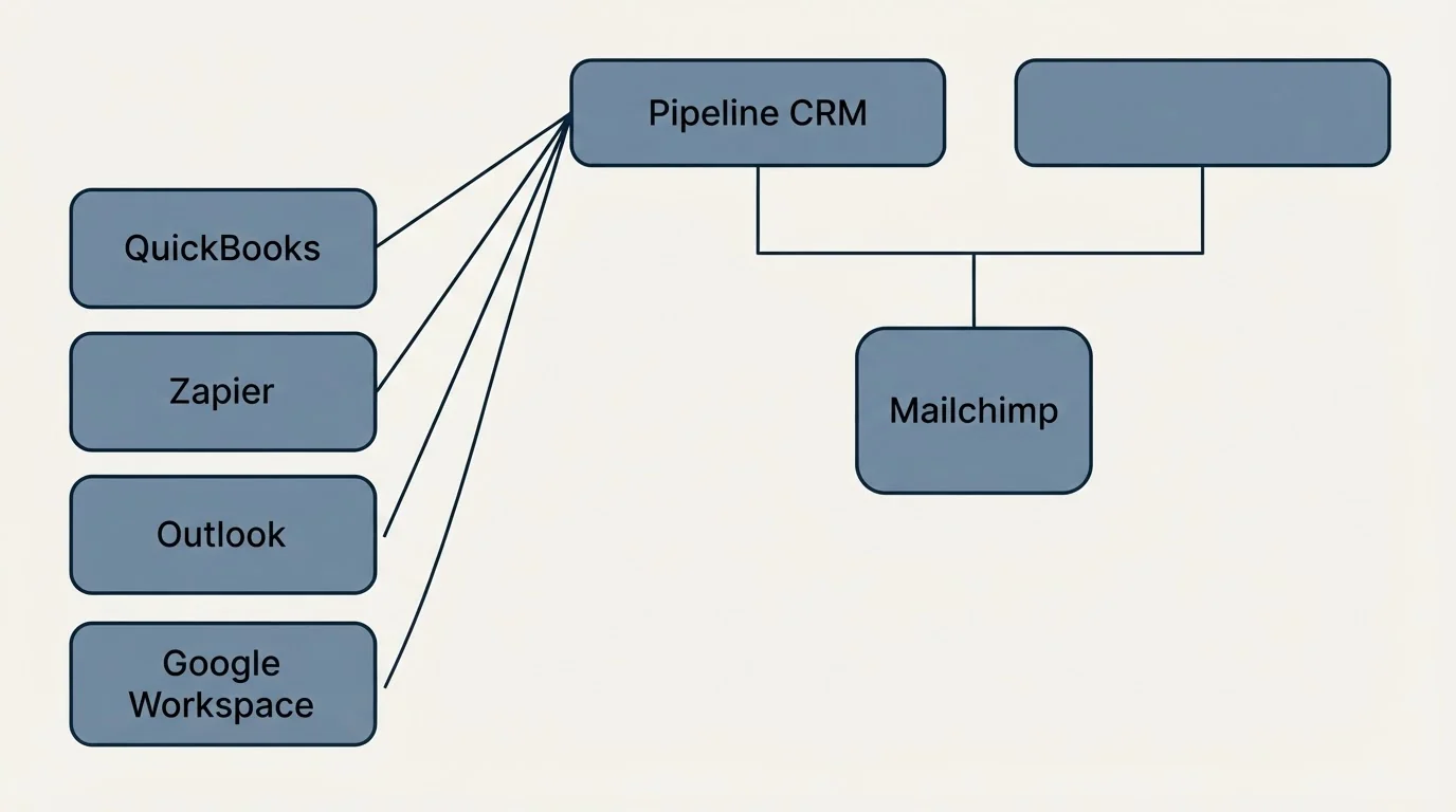 Integration grid: Integration Ecosystem (Pipeline CRM, Mailchimp, QuickBooks, Zapier)