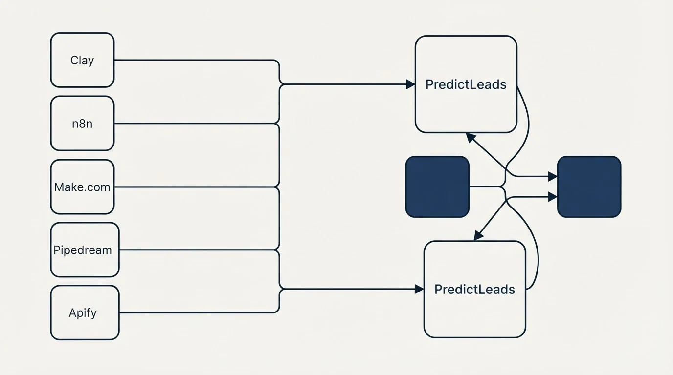 Integration schematic: Integration Ecosystem (PredictLeads, Clay, n8n, Make.com)