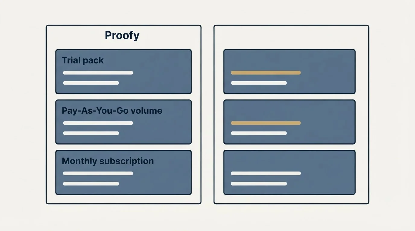 Pricing panels: Pricing Comparison (Proofy, Trial pack, Pay-As-You-Go volume, Monthly subscription)