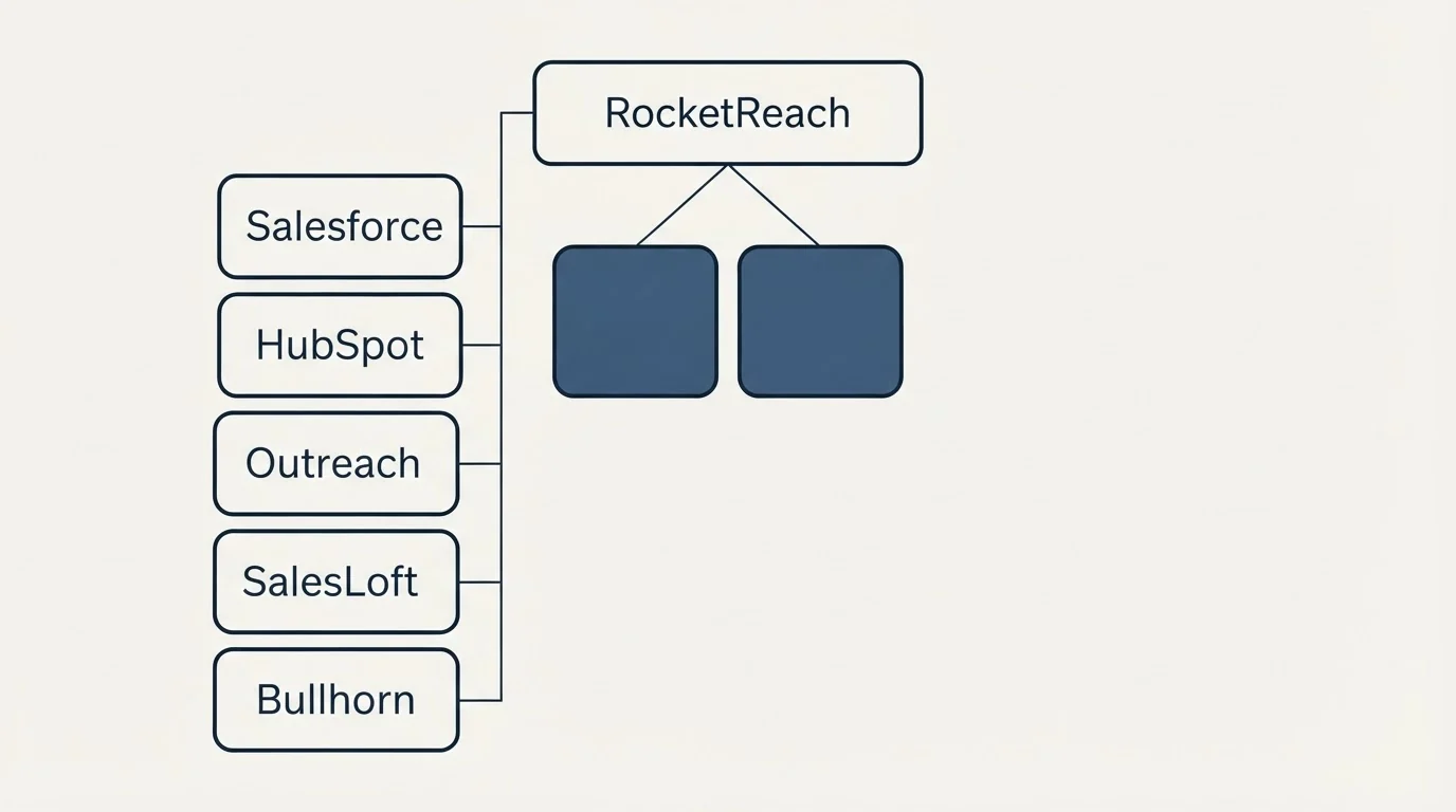 Integration grid: Integration Ecosystem (RocketReach, Salesforce, HubSpot, Outreach)