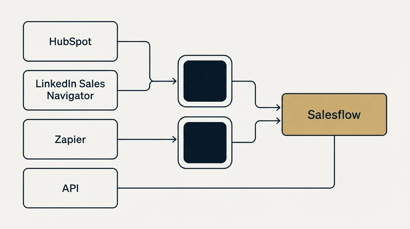 Integration schematic: Integration Ecosystem (Salesflow, HubSpot, LinkedIn Sales Navigator, Zapier)
